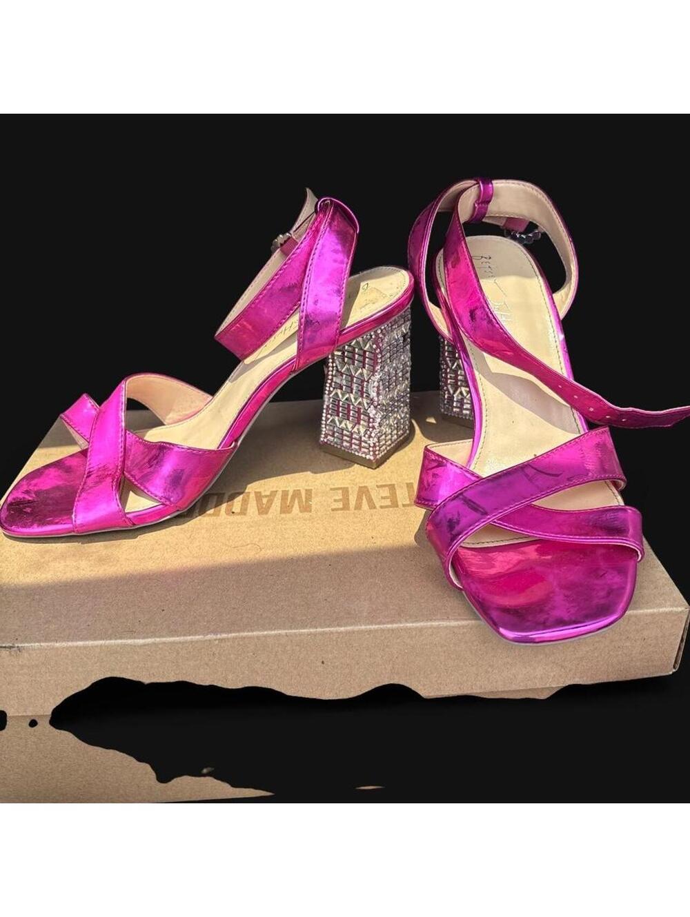 Betsey Johnson Hot Pink Rhinestone Block Heels Size 8